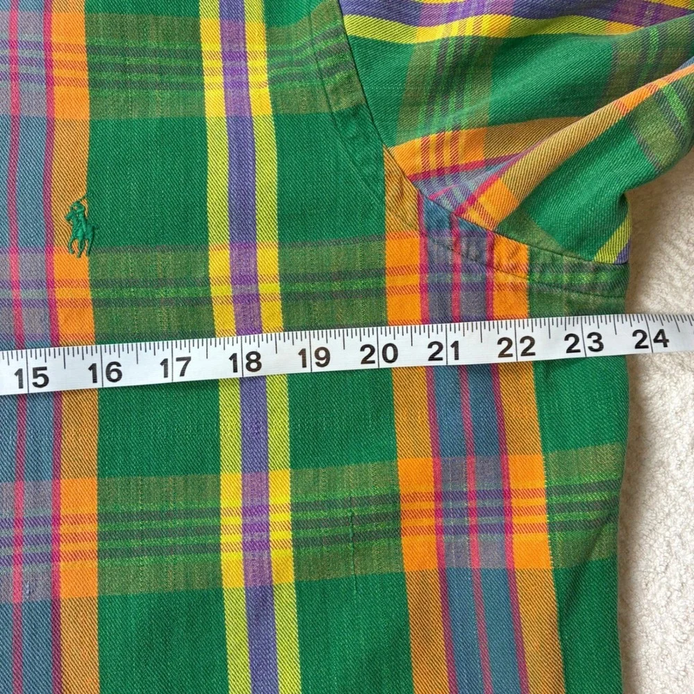 Ralph Lauren Mens L Green Plaid Button Down Shirt Long Sleeve 90s Preppy Madras